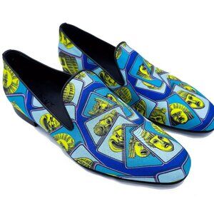 Versace Masks Print Silk Twill Loafer In Acid Green Teal